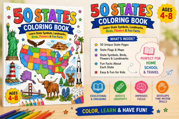 Download 50 USA States Coloring Book for Kids - Book Collection
